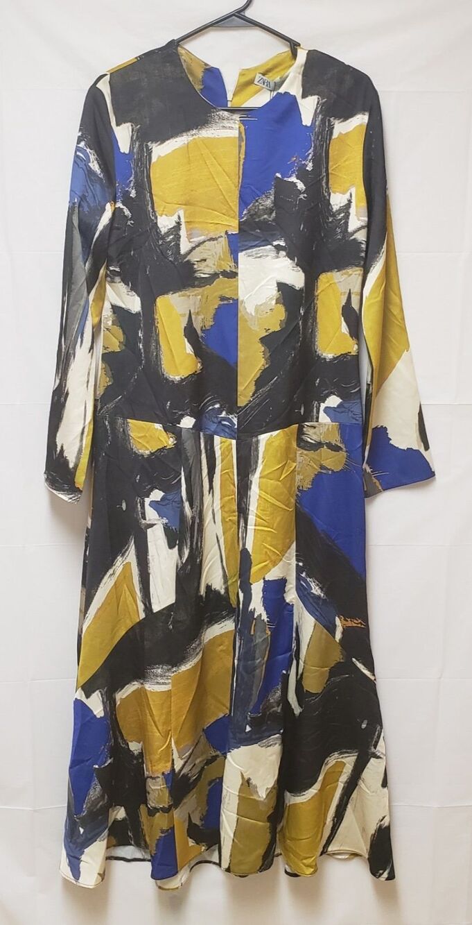 Zara Multicolor Abstract Maxi Fit & Flare Formal Dress Sz M Long Sleeve NWT